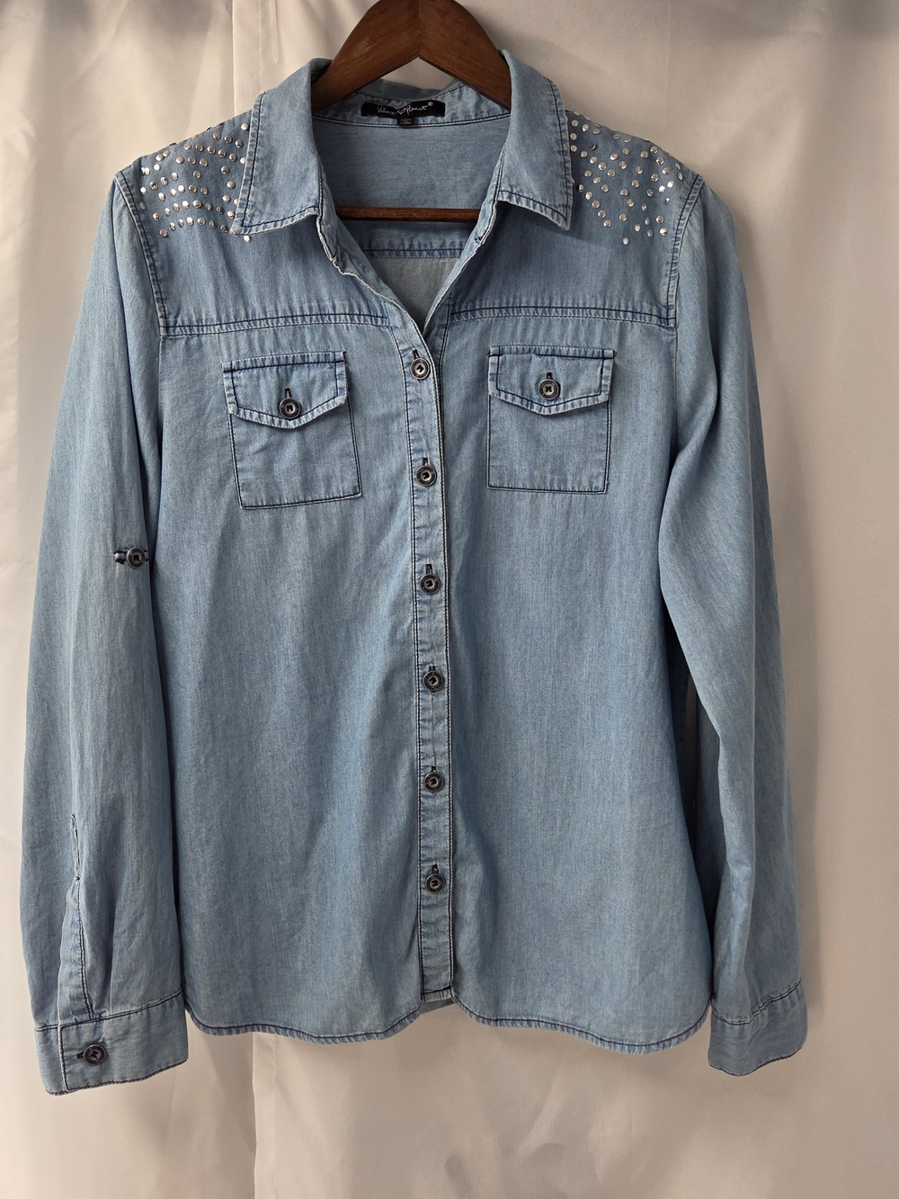 Velvet Heart Coastal Cowgirl Studded Denim Shirt L Western Rodeo Shacket